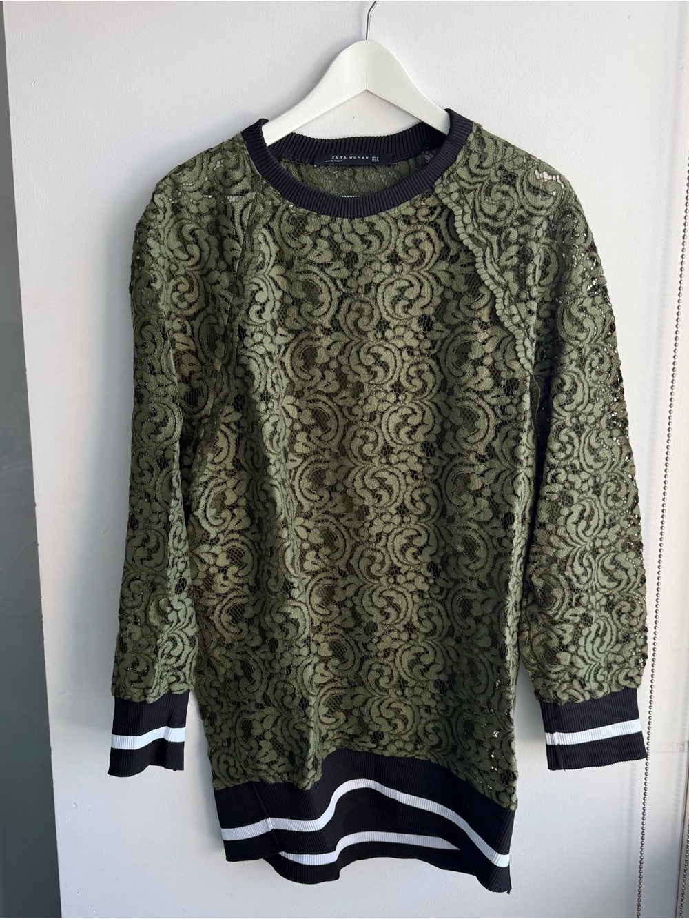 Zara Olive Lace Crewneck Sweater with Black & White Trim